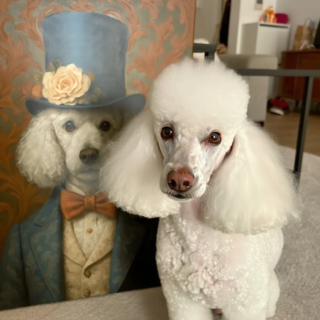 caniche devant son portrait personnalisé