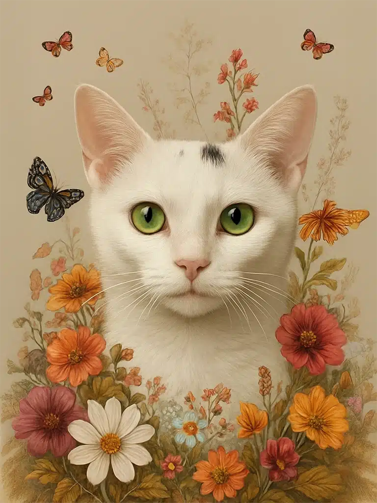 Portrait personnalisé d'un chat blanc style Power Flower, créé par Mon Animal est Fantastique. Chat fleurs