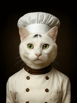 Portrait chat patissier sur la thématique métiers créé par Mon Animal est Fantastique.