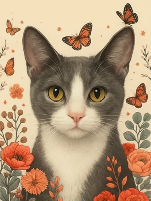 portrait chat europeen fleurs personnalisé, par Mon Animal est Fantastique