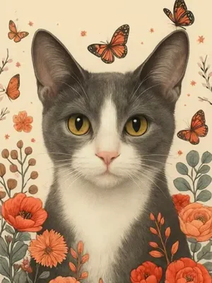Portrait Chat Gris Fleurs, créé par Mon Animal est Fantastique