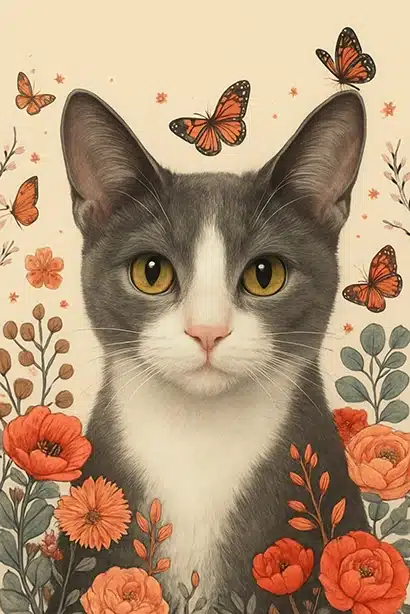 Portrait Chat Gris Fleurs, créé par Mon Animal est Fantastique