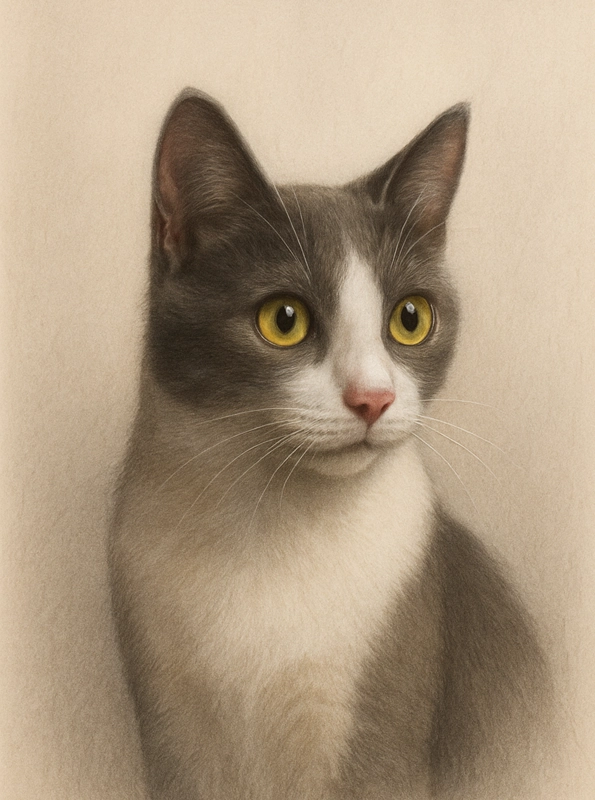 Portrait personnalisé d'un Chat Gris Blanc Pastel, créé par Mon Animal est Fantastique.