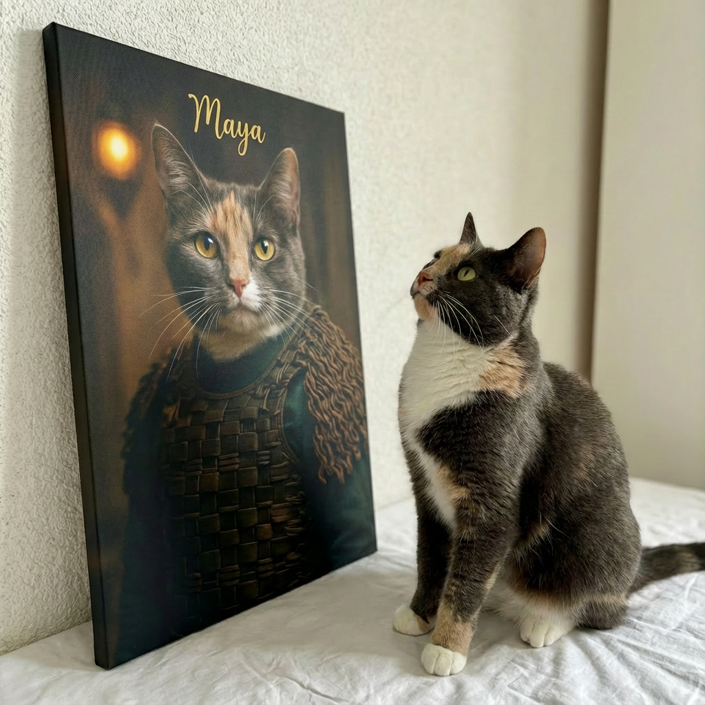 Maya  et sa toile personnalisée, chat devant sa toile