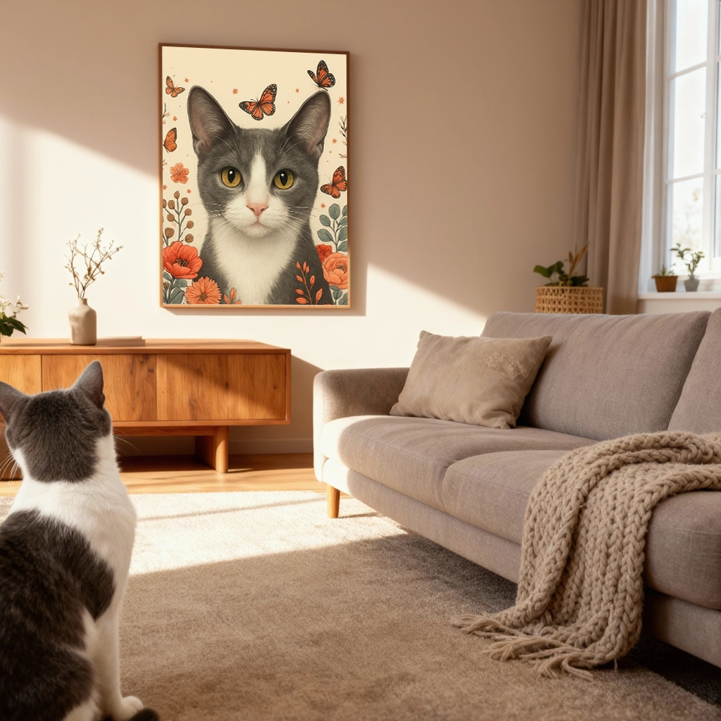 Portrait Chat Gris Fleurs personnalisable, créé par Mon Animal est Fantastique