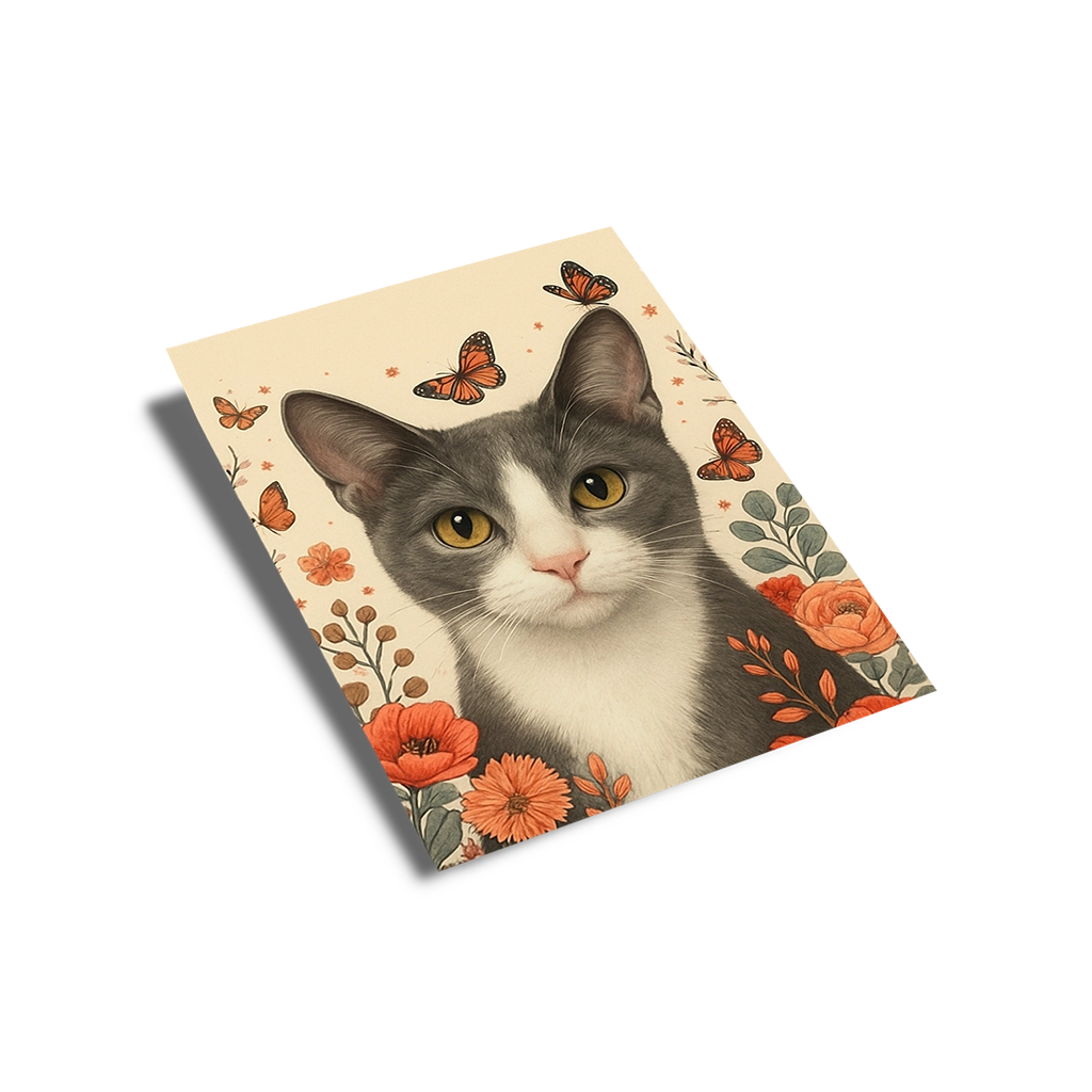 Portrait Chat Gris Fleurs personnalisable poster, créé par Mon Animal est Fantastique