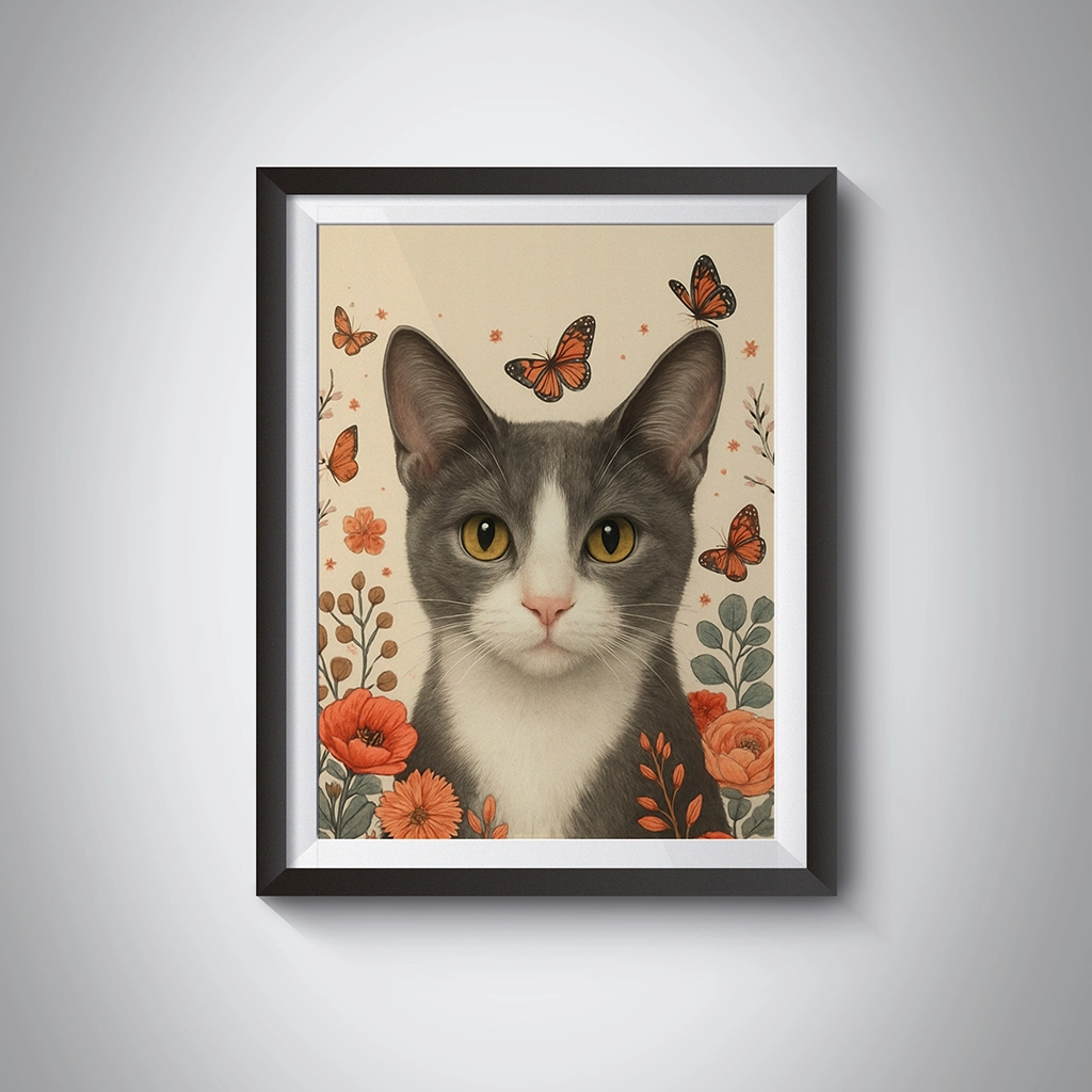 Portrait Chat Gris Fleurs personnalisable tableau, créé par Mon Animal est Fantastique