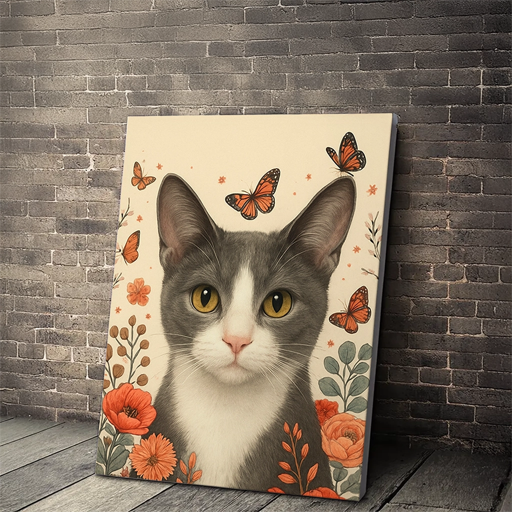 Portrait Chat Gris Fleurs personnalisable toile, créé par Mon Animal est Fantastique