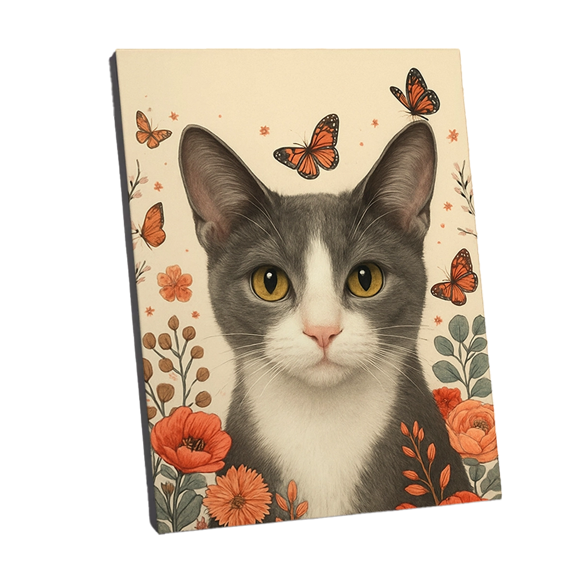 Portrait Chat Gris Fleurs personnalisable toile, créé par Mon Animal est Fantastique